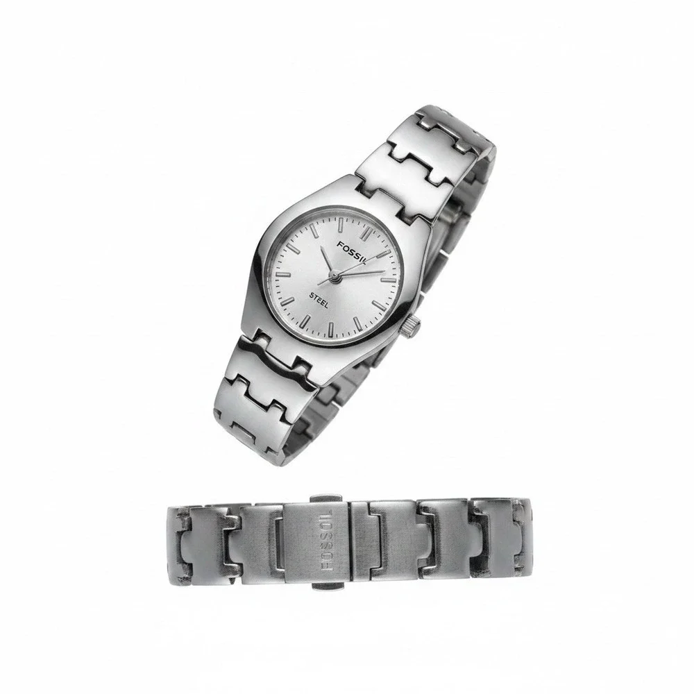 Vintage Women's Fossil Steel Watch Silver Tone White Dial Quartz Working
